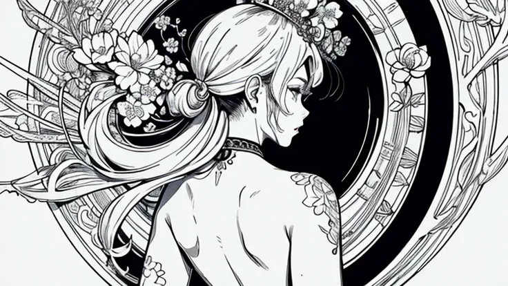 Flower Tatu,(masterpiece,highest quality,Official Art,Beauty and aesthetics:1.2),(Super detailed),In detail,Best illustrations,Hand-painted high quality,(High Contrast),(Clean Lines:1.3),(Line art), Line art, (精巧なLine artアート, Pen drawing,Ukiyo-e style,Wrap...