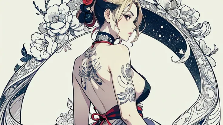 Flower Tatu,(masterpiece,highest quality,Official Art,Beauty and aesthetics:1.2),(Super detailed),In detail,Best illustrations,Hand-painted high quality,(High Contrast),(Clean Lines:1.3),(Line art), Line art, (精巧なLine artアート, Pen drawing,Ukiyo-e style,Wrap...