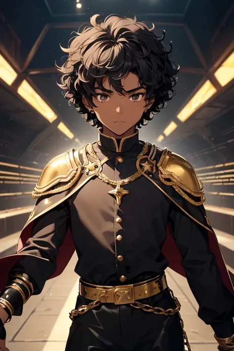 /(Boy),(anime),(man),(Alone),(16 year old teenager),(dark brown skin color),(brown eyes),(Afro Brazilian),(short black curly hair),(height 1.80), (average physical height),(young),(Wearing),+,(a medieval emperors outfit consisting of a shiny black blouse w...