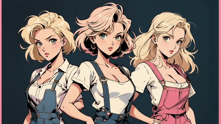 Anime Girls, 2000s Anime, Vintage classic anime aesthetic, Pink Overalls, White shirt, Short Overalls, Blonde Hair, Cleavage, Dynamic pose