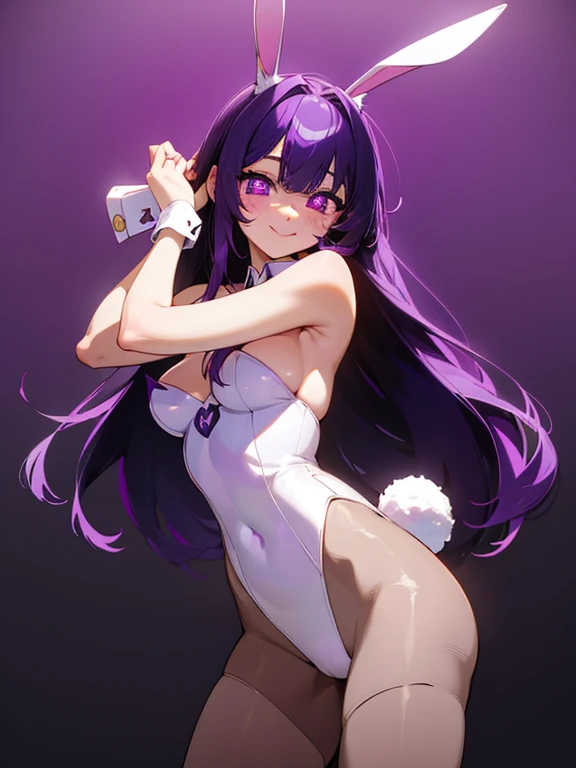 ai hoshino, long hair, bangs, (purple eyes:1.1), purple hair, (symbol-shaped pupils:1.5), pantyhose, playboy bunny, bunny ears, bare shoulders, smile, cowboy shot, perfect anatomy, highly detailed, HD, 4K, Masterpiece, highres