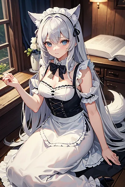 masterpiece, highest quality, High resolution，Anime Style、Silver Hair、Wolf ears and tail、long、Maid clothes、