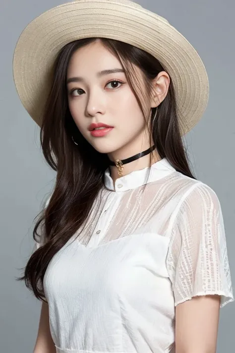 masterpiece、Ultra HD、distinct、RAW UHD format、Detailed skin and eyes、Droopy eyes、A beautiful woman 、Reality Photos、choker、Vietnamese white collared dress and hat、beautiful woman with droopy eyes