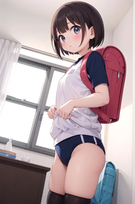 (masterpiece), best quality, high resolution, extremely detailed, perfect lighting, dutch angle,
tm2hikari, 1girl, solo, short hair, carrying randoseru backpack and wearing navy buruma and white gym uniform with colored hem,
indoors, house, embarrssed, ful...