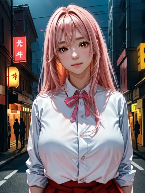 one girl, long pink hair, red corner, white collared shirt, black tie, a light smile, yellow eyes, keratinous_force,, building,s...