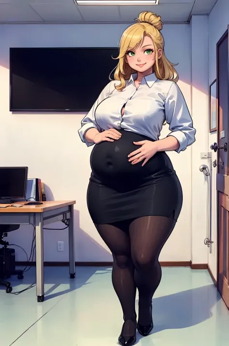 ((high aesthetic, art by BetterWithSalt)), 1girl, blonde hair in a bun, green eyes, black pencil skirt, dress shirt, (black tights), cute smile, ((plump)), (stuffed_belly), (tight clothes), (wide_hips), fancy office background with lots of windows, (best q...