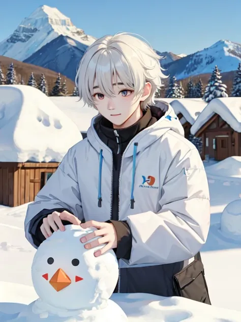 _model shooting style, bang chan is having fun building an olive-eyed snowman., house background, snowy mountain background, it&...