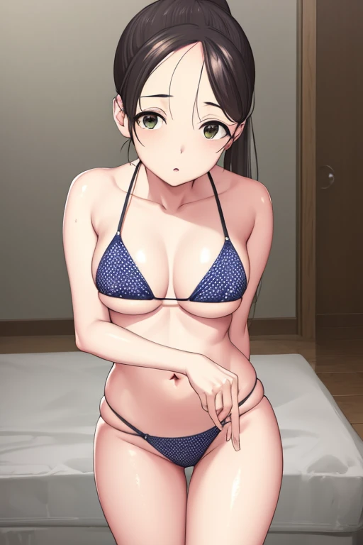 akaneyoshizawa, akane yoshizawa, black hair, ponytail, (green eyes:1.5), swept bangs, long hair,
 (Polka dot bikini), 
BREAK indoors, Hotel Room,
BREAK looking at viewer, (cowboy shot:1.5),standing, leaning forward, arms behind back
BREAK (masterpiece:1.2)...