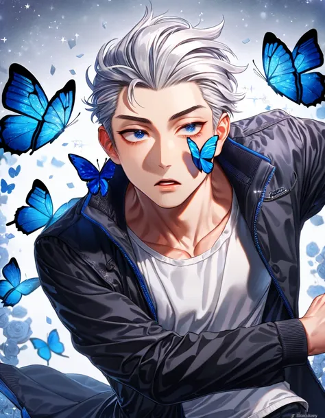 absurdres, highres, ultra detailed, HDR) master piece, best quality, Umemiya Hajime, white hair, slicked back, expressive gray downtuned eyes, wind breaker, solo, sexy man, black coat, white shirt, handsome, blue roses, blue butterflies, sparkling backgrou...