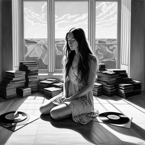 A detailed pencil and charcoal drawing of a melancholic young woman with long hair, sitting in a contemplative pose in an interior setting. She is wearing a simple, loose-fitting dress. She is surrounded by a few vinyl records on the floor, next to a large...