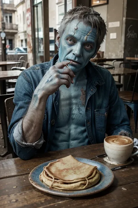 Zombie man middle-aged decay blue skin dirty full body photo very worn clothes coffee mille crepes sitting at a cafe table