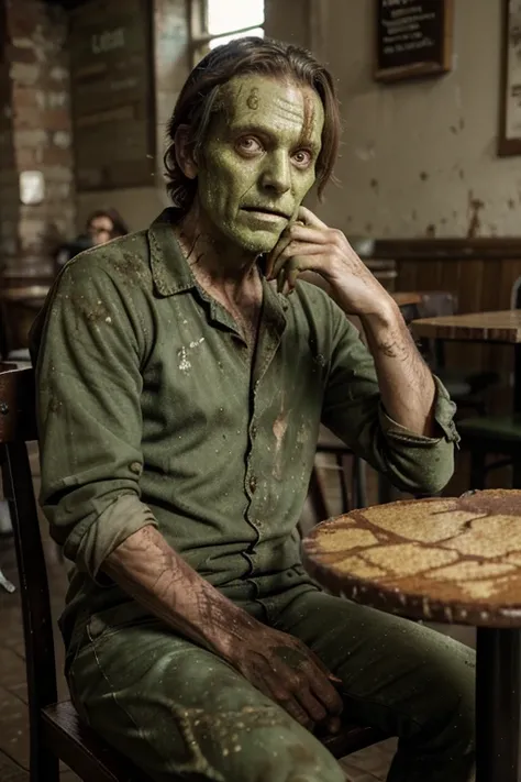 Zombie man middle-aged decay green skin dirty full body photo very worn clothes coffee mille crepes sitting at a cafe table