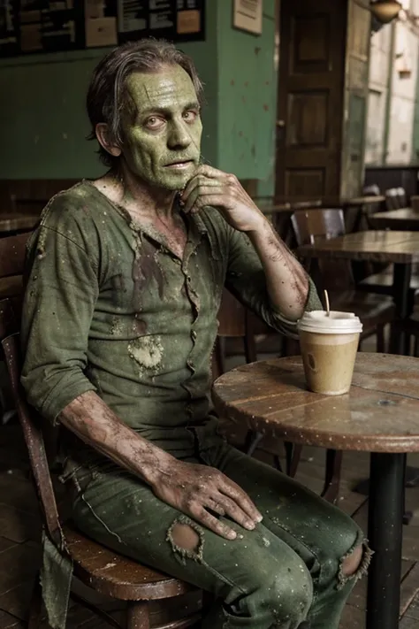 Zombie man middle-aged decay green skin dirty full body photo very worn clothes coffee mille crepes sitting at a cafe table