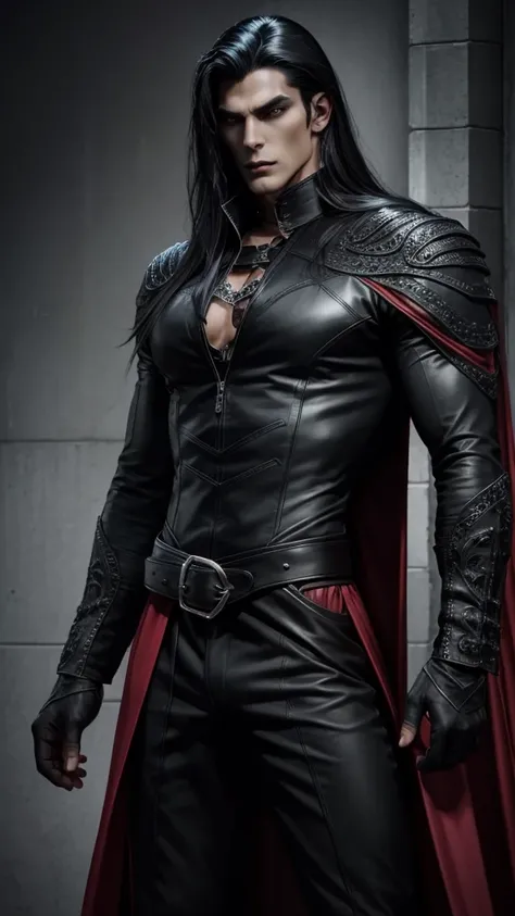 dark muscular male evil lord with long black hair, sexy black leather gothic suit, handsome face, athletic body, pretty eyes, long lashes, sexy young man vampire, 