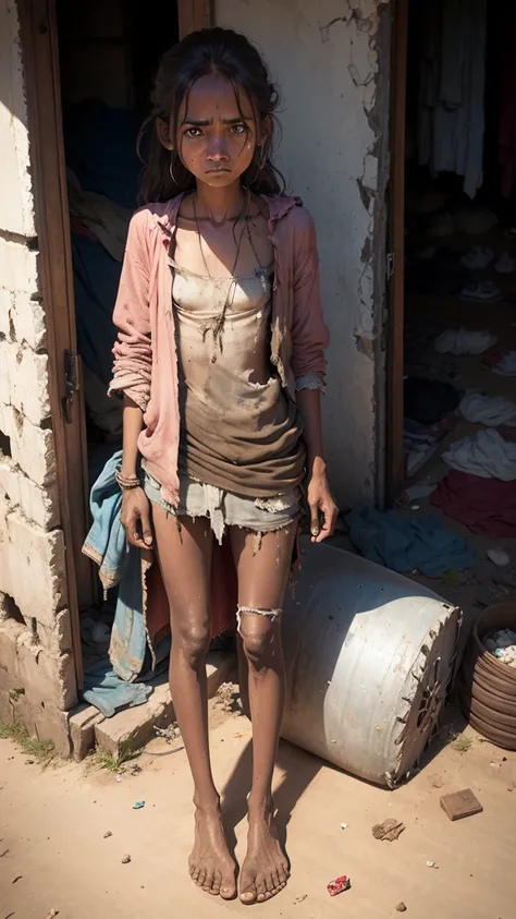 karo，cannon fire，refugee，Poor, hunger，poverty，Tattered clothes, Dirty clothes, Torn clothes, Desperate look，Skinny ,