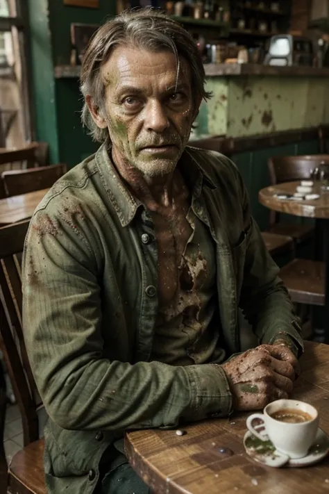 Zombie man middle-aged decay green skin tone dirty full-body photo very worn clothes coffee mille crepes sitting at a cafe table lots of coins scattered on the table