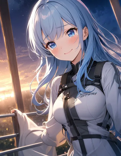 game cg,1lady,precious,(blue hair)|(gray hair)0.5,long hair,blue eyes,medium breasts,((happy tears)),smile,((tears)),wiping tear,night, ,outdoor observation deck,