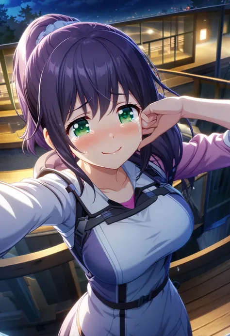 game cg,1girl,purple ponytail hair,green eyes,large breasts,((happy tears)),smile,((tears)),wiping tear,night, ,outdoor observation deck,