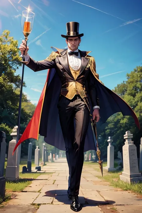 man in a cape and top hat in the cemetery with a trident in his hand and a glass of cachaça