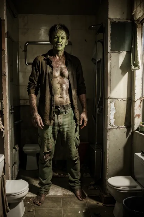 Zombie, male, middle-aged, decaying, green skin, dirty full-body photo, very worn clothes, in a dirty toilet