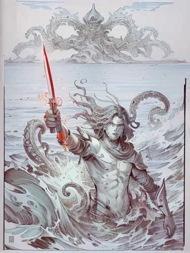 drawing of a man with a knife and a knife in his hand, inspired by katsuya terada, cthulhu rising from the ocean, graphic novel cover art, inspired by Yoshitaka Amano, comic cover, covered with tentacles, detailed cover artwork, cover art, inspired by Phil...