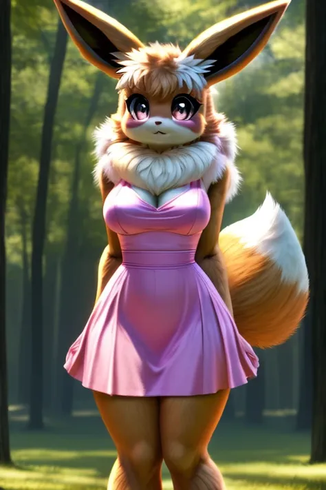 perfect face, Eevee (Pokemon), standing, very fluffy, breasts, furry, 4k, 8k, perfect, realistic fur, female, revealing pink dress,