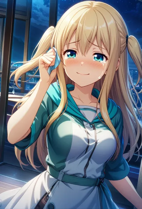 game cg,1girl,two side up,long hair,blonde hair,medium breasts,turquoise eyes,((happy tears)),smile,((tears)),wiping tears ,night,outdoor observation deck,