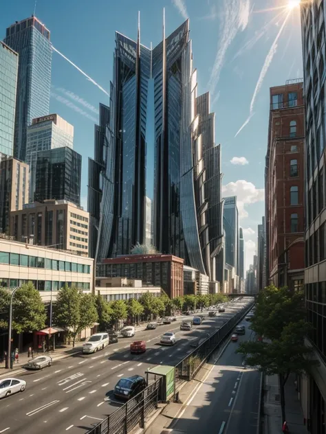 ((best quality)), ((masterpiece)), (detailed), Create an image of a futuristic metropolis. The city should be filled with gleaming glass skyscrapers that reflect the sunlight, creating a breathtaking scene. In the sky, various aerodynamic flying vehicles n...