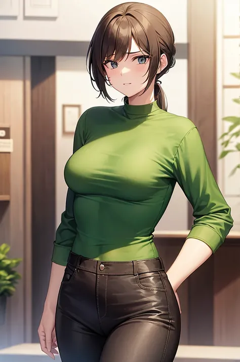 a 20 year old girl wearing an green top and black trousers and has long brown hair (small breast)