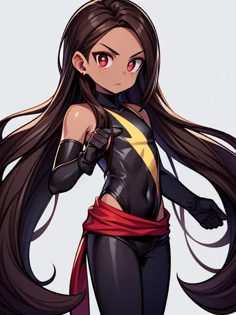 dark skin, male, flat chest, (((very long dark brown hair))), big red eyes and a very androgynous appearance, wearing Ms. Marvel (Carol Danvers) Black Costume, long black gloves