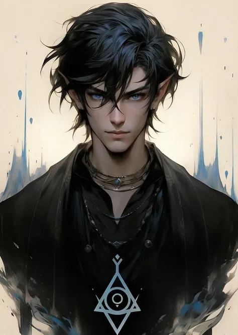 anime - style illustration of a young man with a blue eye, artwork in the style of guweiz, young shadow mage male, skinny male fantasy alchemist, by Yang J, handsome guy in demon slayer art, portrait of a young elf wizard, a portrait of a male elf, ross tr...