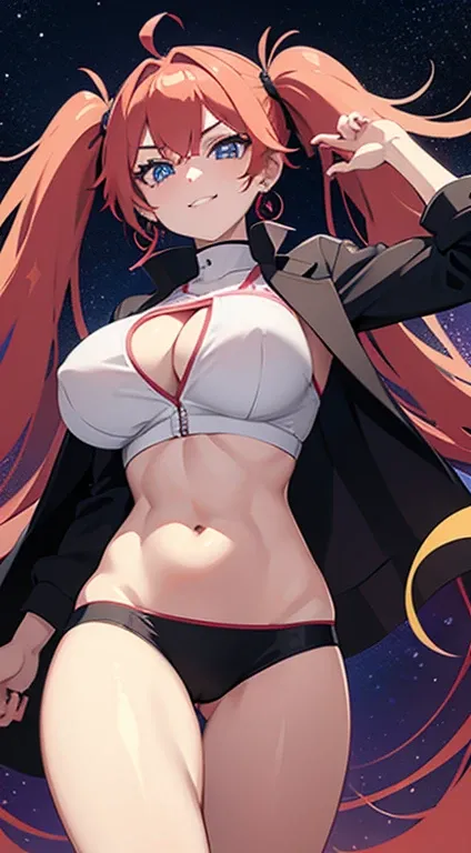 saturated red hair, Princess Hair, very long twintails, large full breasts, Glossy skin,  Pink lips, Peach-colored cheeks, Blue eyes, Golden earrings, With weapons, cosmic space, Rin々Shishi Face, A slight smil, Black jacket, white shirt inside jacket, Nave...