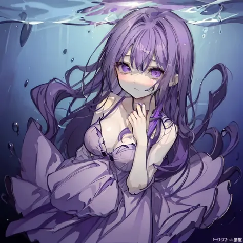 1 girl、Mature、Ample breasts、Purple Hair、Long Hair、Purple Eyes、Sharp Eyes、In the water、Drowning、Sad face、Close ~ eyes、Sinking into the deep sea、Reach out