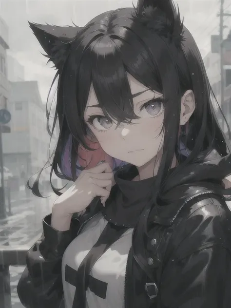 A 15-year-old girl with black cat ears and black hair, standing in the rain. She is wearing casual clothes, looking up with a thoughtful expression. Her right eye is dark blue, and her left eye is dark green. She has a strand of hair falling over the right...