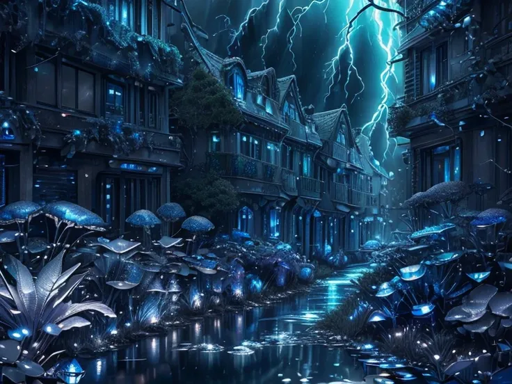 ((ultra detailed abstract photography of a silversapphireai city street)), bioluminescence, (masterpiece), realistic, cinematic ...