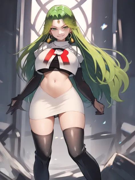 sitri fe16, long hair, green hair, team rocket, team rocket uniform, red letter r, white skirt,white crop top,black thigh-high b...