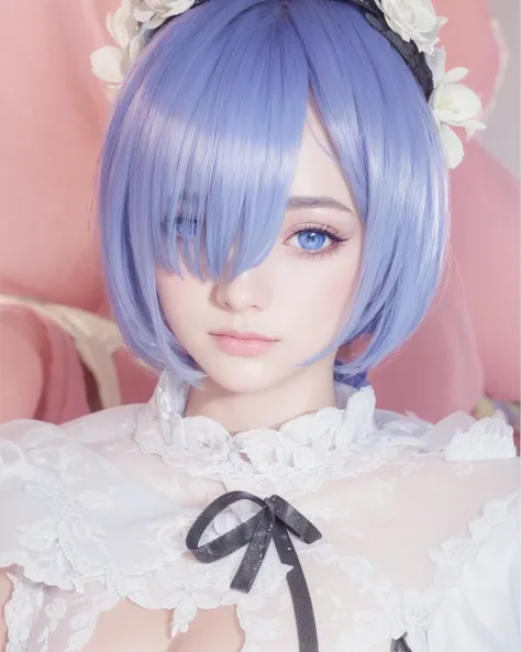 Personagem rem, cabelos azui curto, pele clara, olhos azuis, uniforme de empregada, 1girl, beautiful detailed eyes, beautiful detailed lips, extremely detailed face and eyes, long eyelashes, maid uniform, short blue hair, pale skin, blue eyes, elegant, sta...