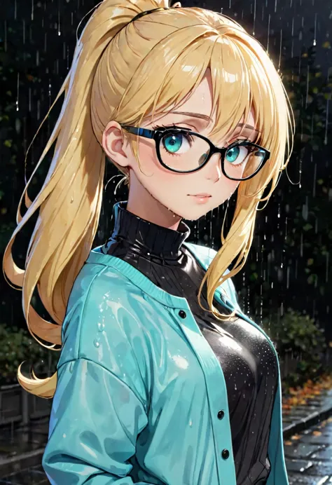 anime girl, portrait style, black background, long light blonde ponytail, bright turquoise eyes,black glasses, fall clothing, ra...