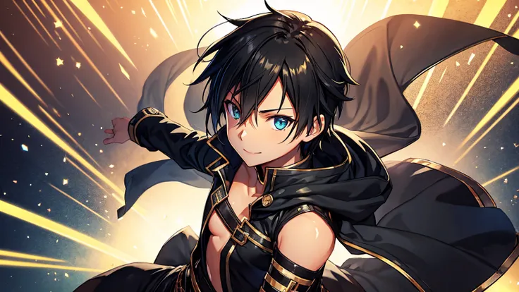 Kirito, Black egyptian dancer&#39;s clothing, blushing smile, brown skin, long black hair standing alone in the dance hall, big breasts breast enlargement looking into camera illustration, ultra-detailed, HDR, vibrant colors, soft lighting high quality and...