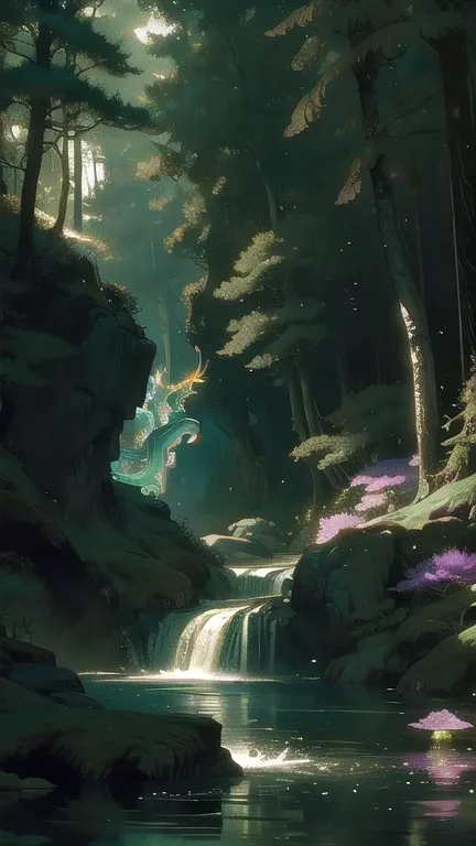 Mystical Forest with Magical Creatures": A dense forest bathed in ethereal light, with whimsical creatures like fairies and unicorns, glowing flora, and a sparkling river running through it.     use vibrant colors