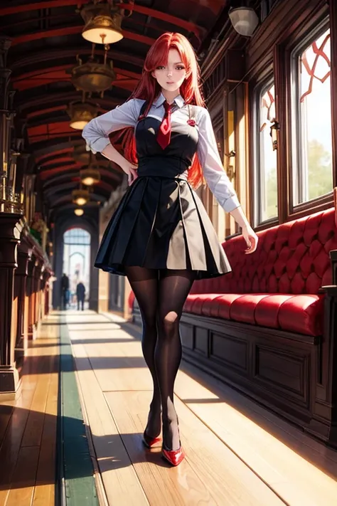 Create detailed image of full-bodied, red-haired woman, white shirt, short red tie, black skirt, tights, red heels, all miy realistic, illuminated and colorful with an antique train in the background