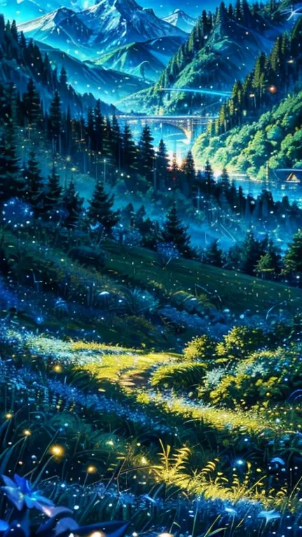 anime inspired greenery landscape alps with bright blue glass like sky shinning twinkling sparkling effect(bokeh effect) (fireflies)