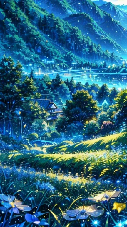 anime inspired greenery landscape alps with bright blue glass like sky shinning twinkling sparkling effect(bokeh effect) (fireflies)