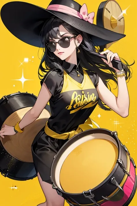 she have black hair and wear black sunglasses along with a yellow and pink party hat. she carry a large drum that she play when she walk. SPARKLE; GLITTER