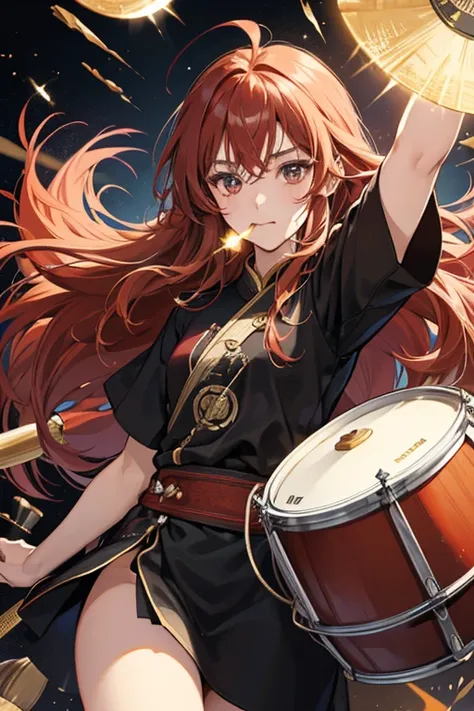 Chousakutchi resembles a drummer armed with a set of seven drums. She has long chestnut hair with a fringe and two side-partings, and small eyes, nose and mouth. She wears a black top and has drumsticks in both her hands. SPARKLE; GLITTER