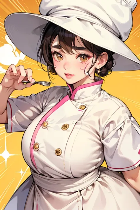 Chukatchi  and cream-colored skin. she wears a chefs uniform, and a hat resembling a steamed bun with two flaps that look like Chinese spoons. she has yellow lips, plump cheeks with pink cheek spots, white eyebrows, and small dark brown eyes. SPARKLE; GLIT...