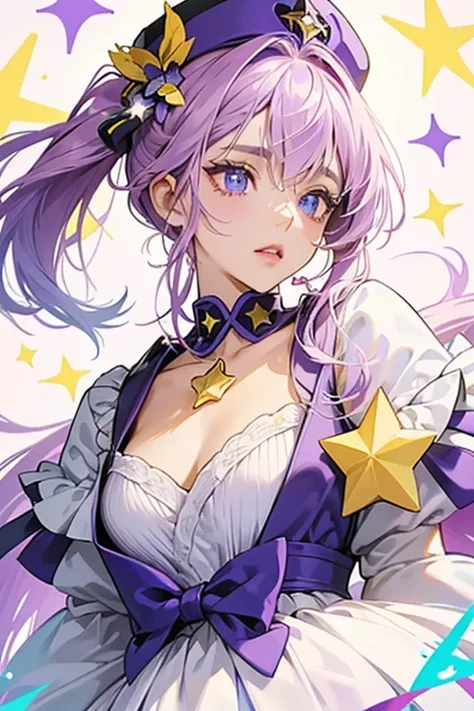 she has light purple skin, a large yellow star around her left eye and a smaller yellow star under her right eye, pink lips, and small white stars on her torso. she wears a purple cap with a blue tip and a purple collar with green tips. she has blue irises...