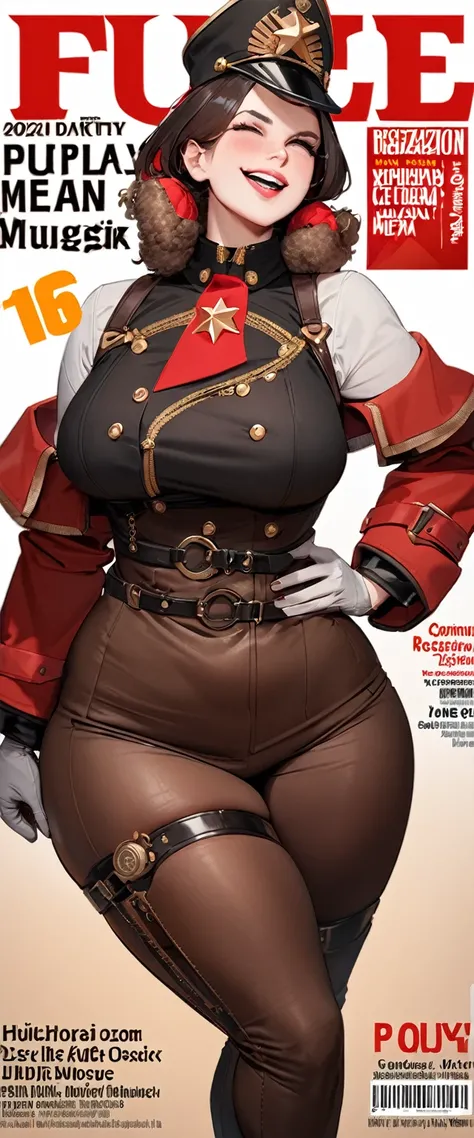 (magazine cover:1.0), masterpiece, best quality, steampunk, Russian, mature woman, curvy, multicolored hair, short hair, commissar cap, commissar uniform, communist, happy expression, Russia