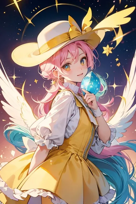 Cometchi is  a yellow and gold body, with three trails following in her wake of light blue, yellow, and pink. she has two white wings on either side of its body, sparkling eyes with long eyelashes, and a pink beak. she wears a bowler hat . SPARKLE; GLITTER