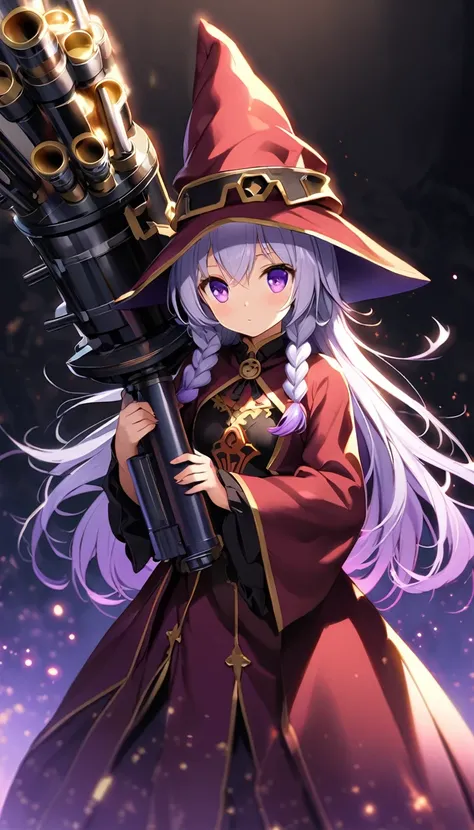 (Highly detailed 8k wallpaper), Mid shot of Loli Necromancer, yinji, (purple hair, purple eyes, long hair, white hair, double braids, gradient hair,Particle Lighting, High Detail, Dramatic, Gatling gun in hand, Clean background, wearing wizard hat, 